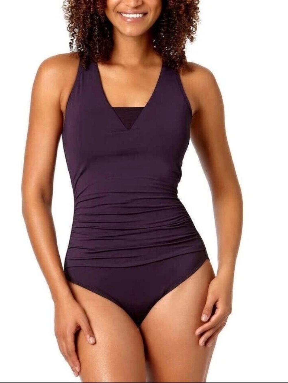 Lands End Purple Swimsuit Ruched Tummy Slimming Crossback Support size 8